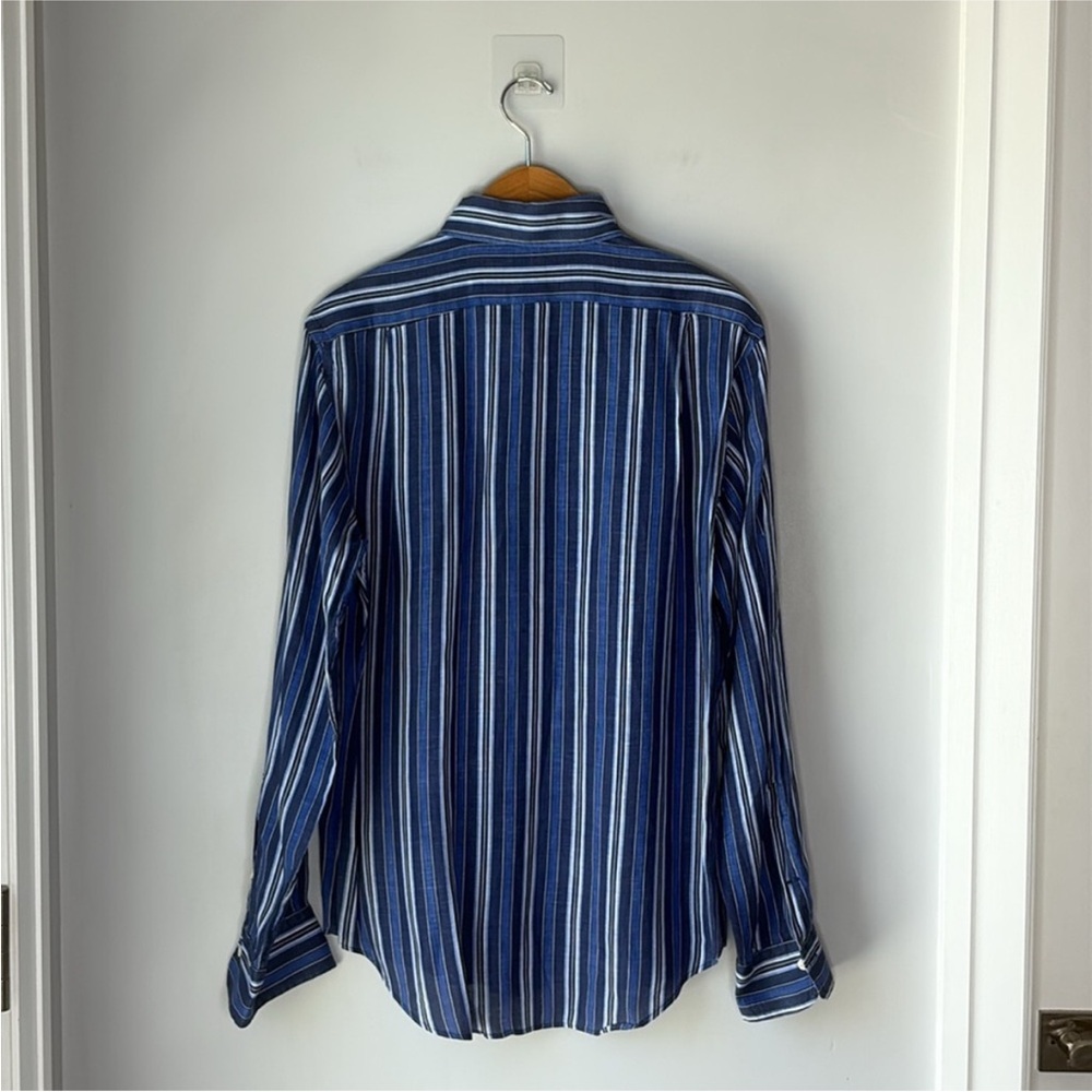 Polo Ralph Lauren 100% Linen Men's Blue Striped Button Up Current Shirt Sz M - Picture 2 of 8
